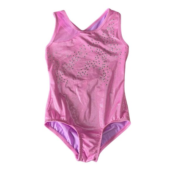 CAT & JACK Pink Gymnastics Leotard Girls S 6/6X Cross Back Rhinestones Mesh Leo - Picture 1 of 5